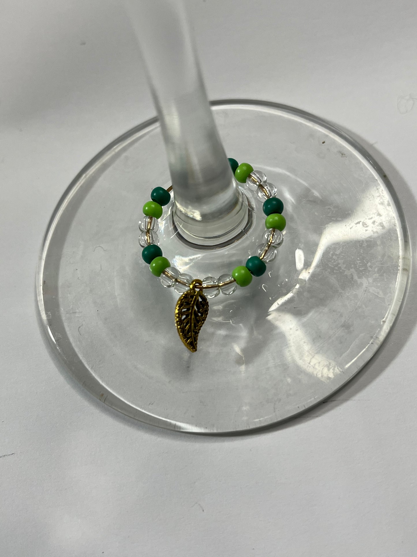 GREEN BEAD AND LEAF WINE CHARM